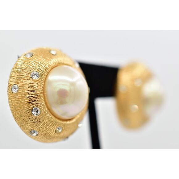 Christian Dior Vintage Starlight Crystal Earrings Chunky Dome Gold Signed Bin1 - Picture 4 of 12
